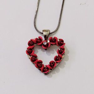 4/$20Vtg Red Rose Silver Tone Heart Pendant Chain Necklace Dozen Roses Valentine